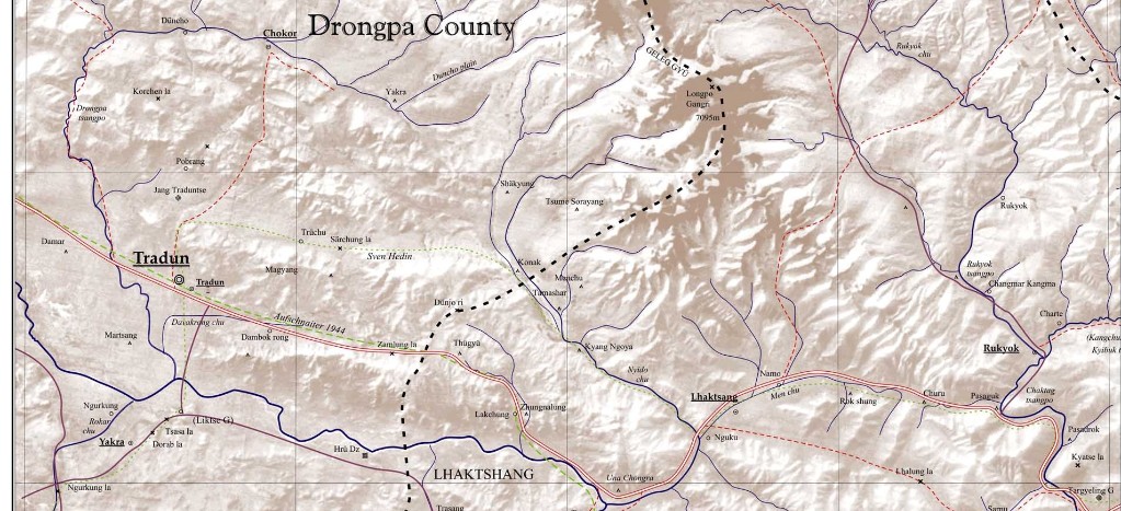 Tradun (auf der Karte klein gedruckt) an der Verbindungsstraße zwischen Tsang und Ngari Tradun (auf der Karte klein gedruckt) an der Verbindungsstraße zwischen Tsang und Ngari