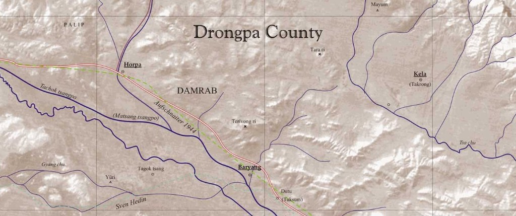 Lage von Paryang (Baryang) im Bezirk Drongpa an der Verbindungsstraße nach Ngari 